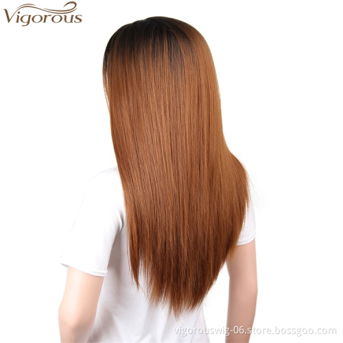 Vigorous Long Smooth Silky Straight Wig Brown Mixed Brown Ombre Wig Dark Root Synthetic High Temperature Hair Wig for Women